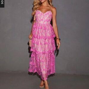 Endless Rose Hot Pink Lace Tiered Spaghetti Strap Maxi Dress